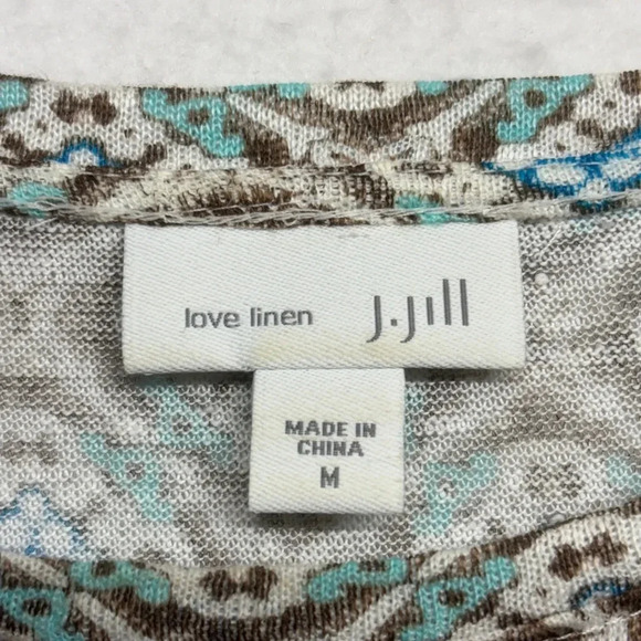 J Jill Love 100% Linen Tunic Blouse Blue Brown Printed M - Picture 3 of 7